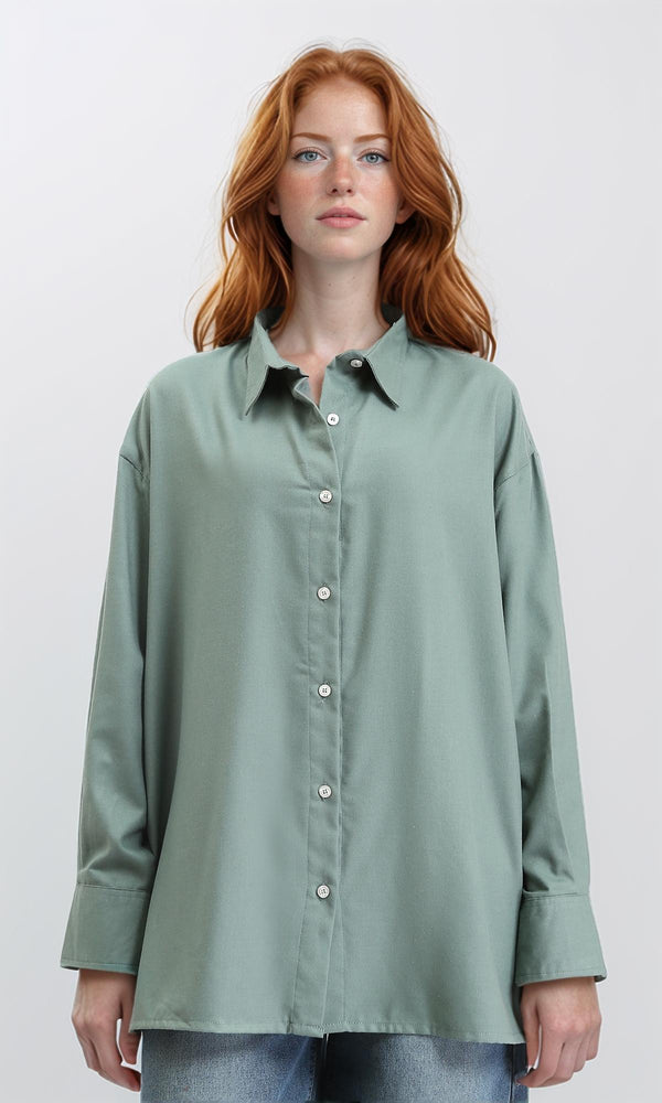 R211297 - Solid Long Shirt with Classic Collar - Dark Mint