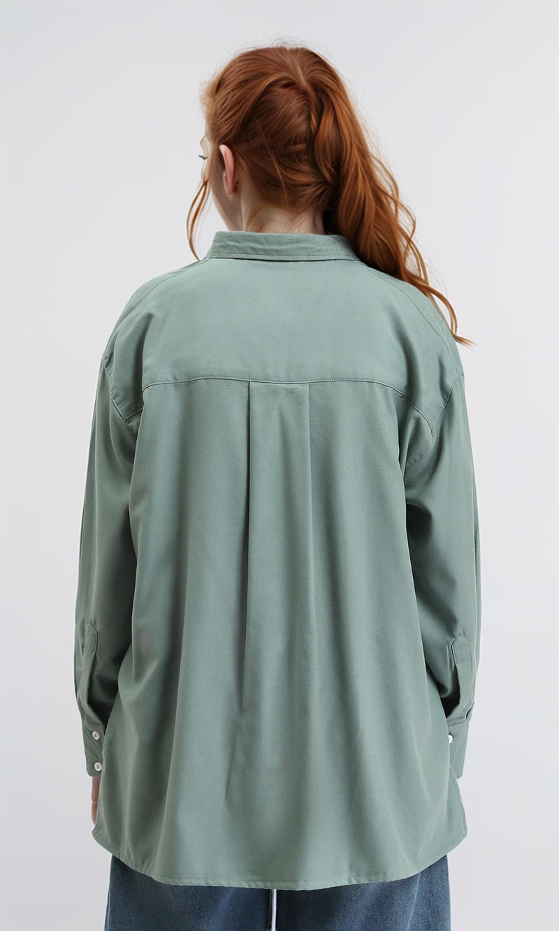R211297 - Solid Long Shirt with Classic Collar - Dark Mint