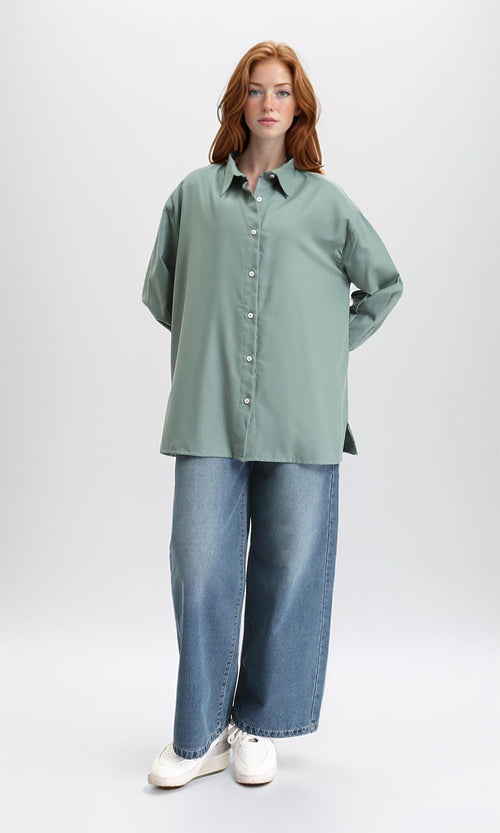 R211297 - Solid Long Shirt with Classic Collar - Dark Mint