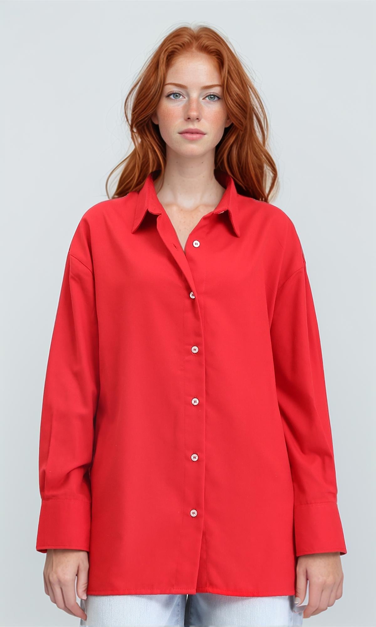 Solid Long Shirt with Classic Collar - Red