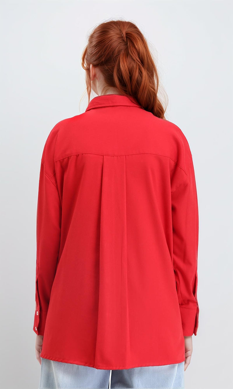 R211298 - Solid Long Shirt with Classic Collar - Red