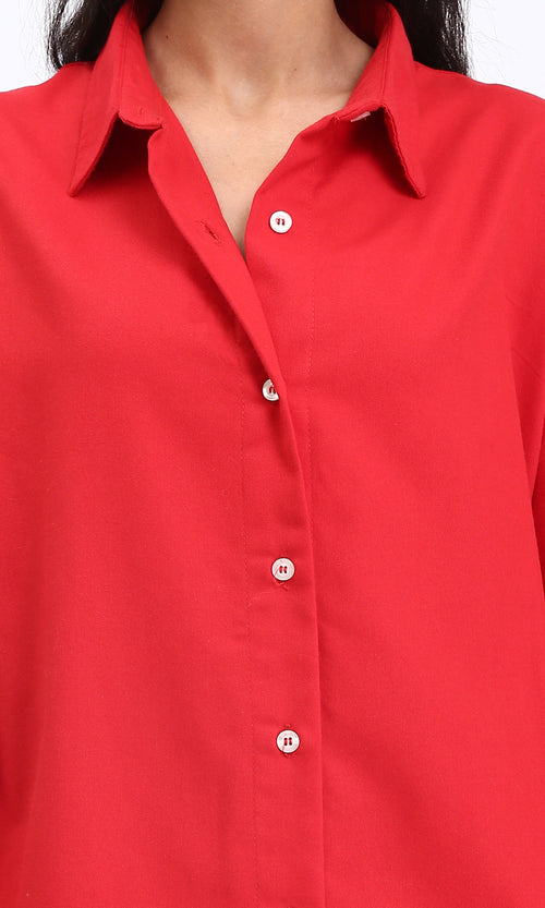 R211298 - Solid Long Shirt with Classic Collar - Red