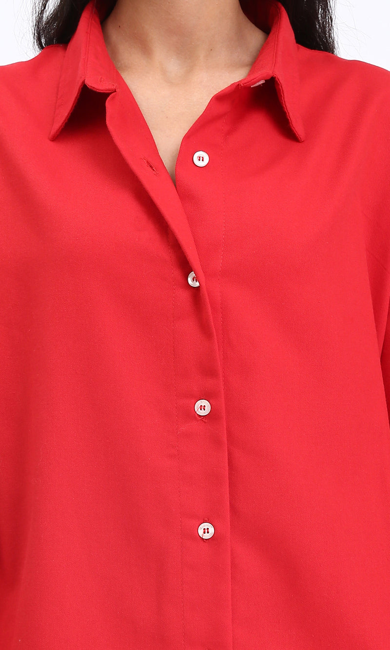 R211298 - Solid Long Shirt with Classic Collar - Red