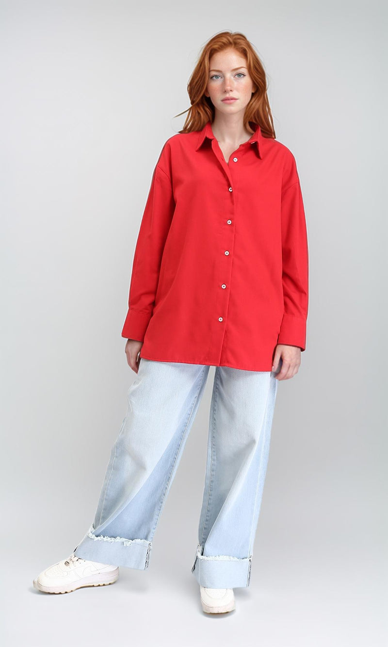 R211298 - Solid Long Shirt with Classic Collar - Red