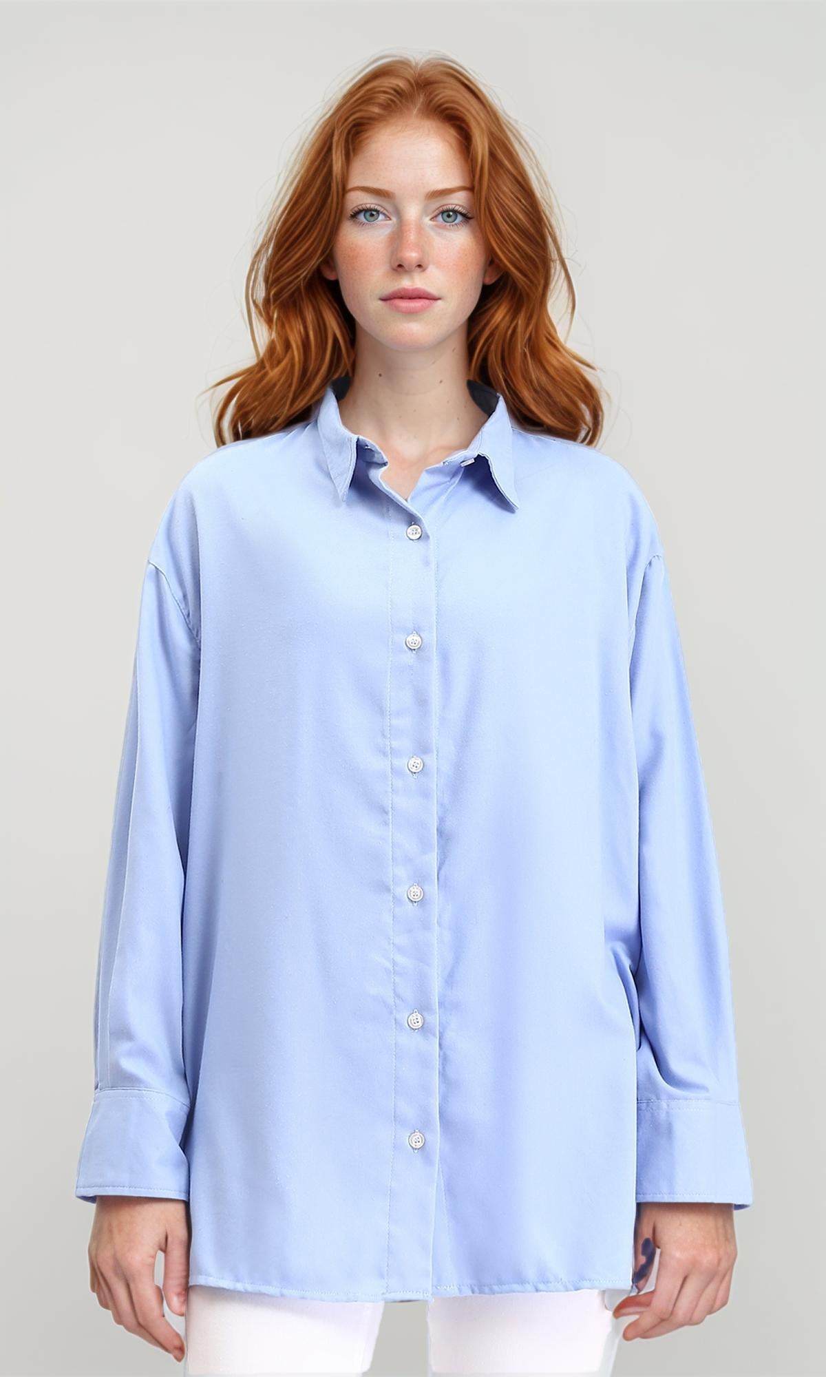 Solid Long Shirt with Classic Collar - Baby Blue