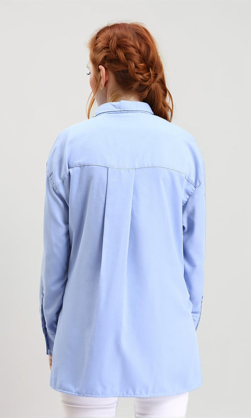 R211299 - Solid Long Shirt with Classic Collar - Baby Blue