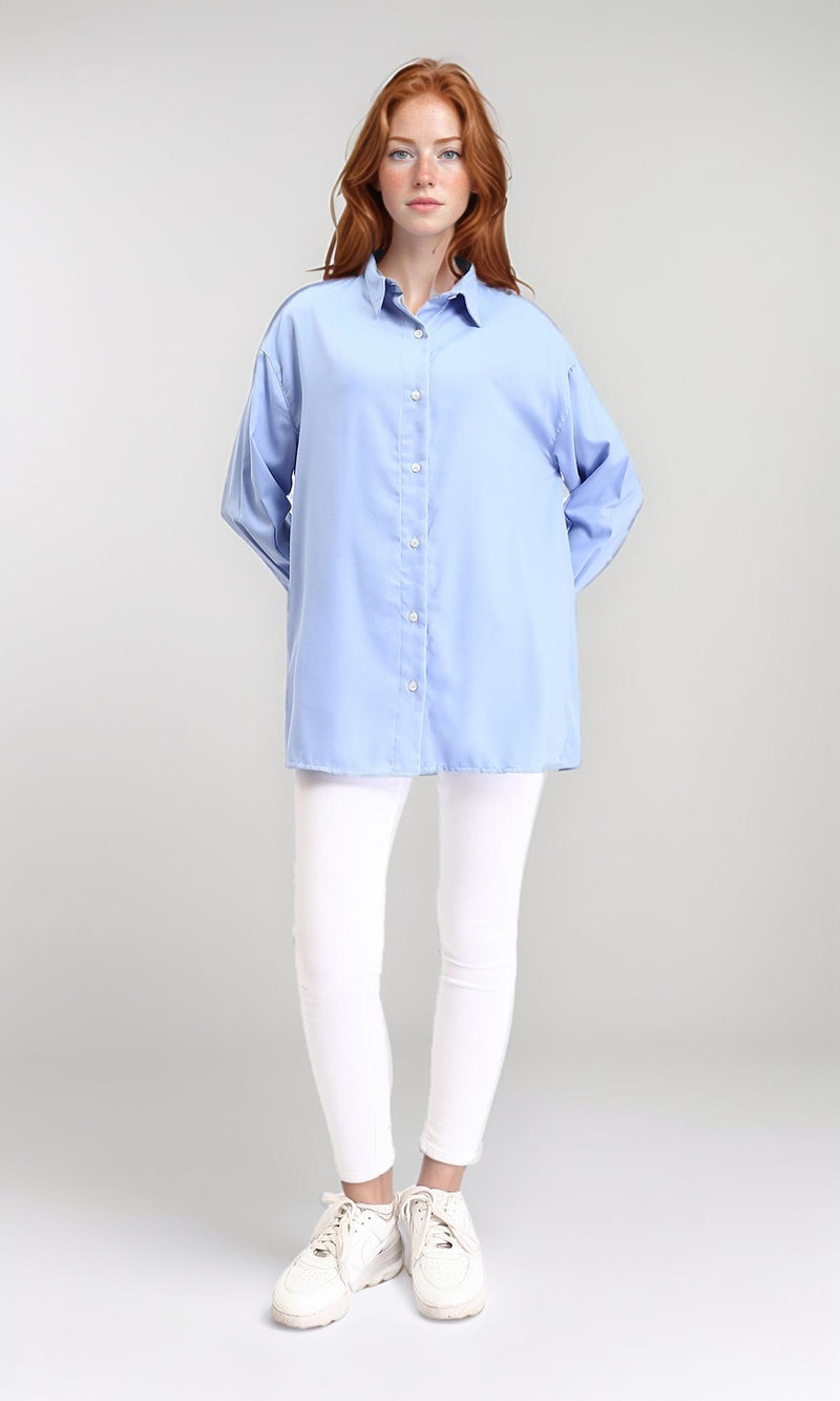R211299 - Solid Long Shirt with Classic Collar - Baby Blue