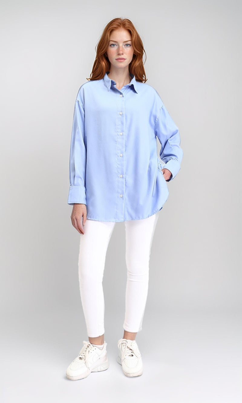 R211299 - Solid Long Shirt with Classic Collar - Baby Blue