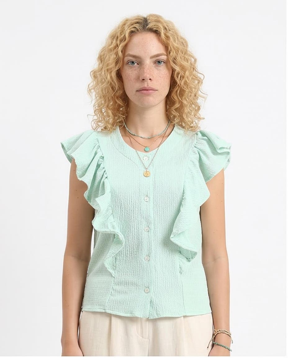 Women's Ruffle-Trim Seersucker Sleeveless Blouse - Mint Green R211301