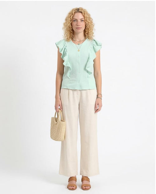 Ravin Women’s Ruffle-Trim Seersucker Sleeveless Blouse – Mint Green R211301