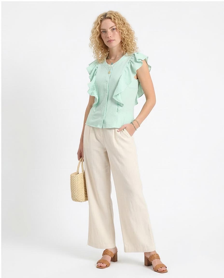 Ravin Women’s Ruffle-Trim Seersucker Sleeveless Blouse – Mint Green R211301