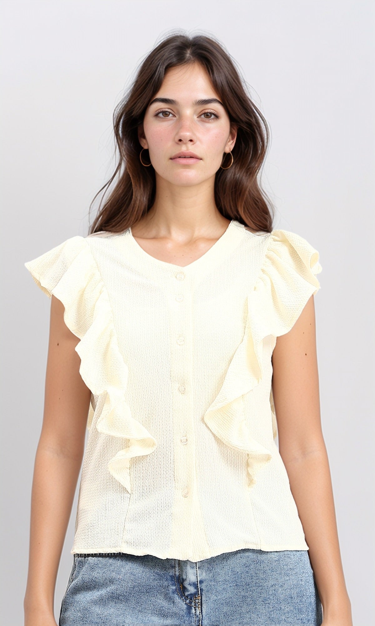 Ruffled Sleeveless Buttoned Blouse - Light Yellow