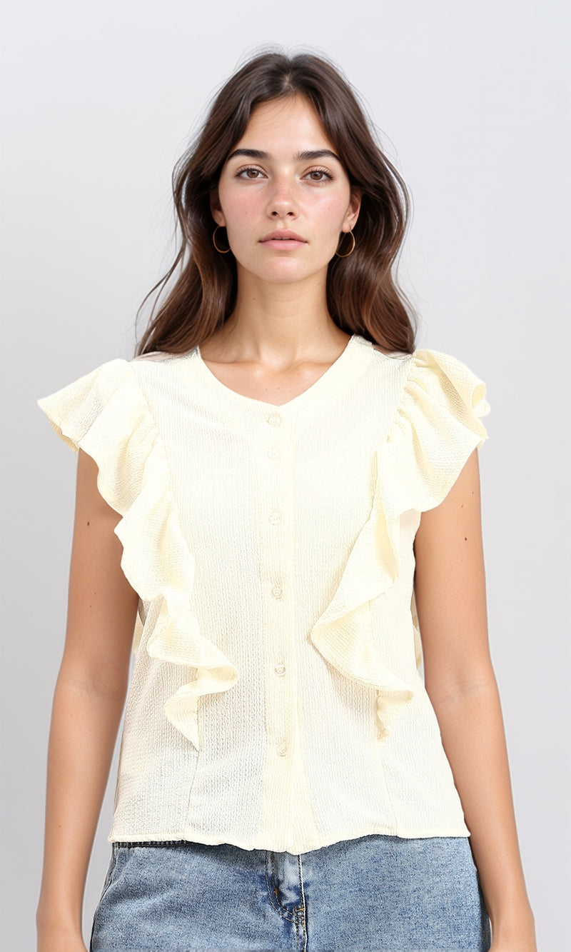 R211302 - Ruffled Sleeveless Buttoned Blouse - Light Yellow
