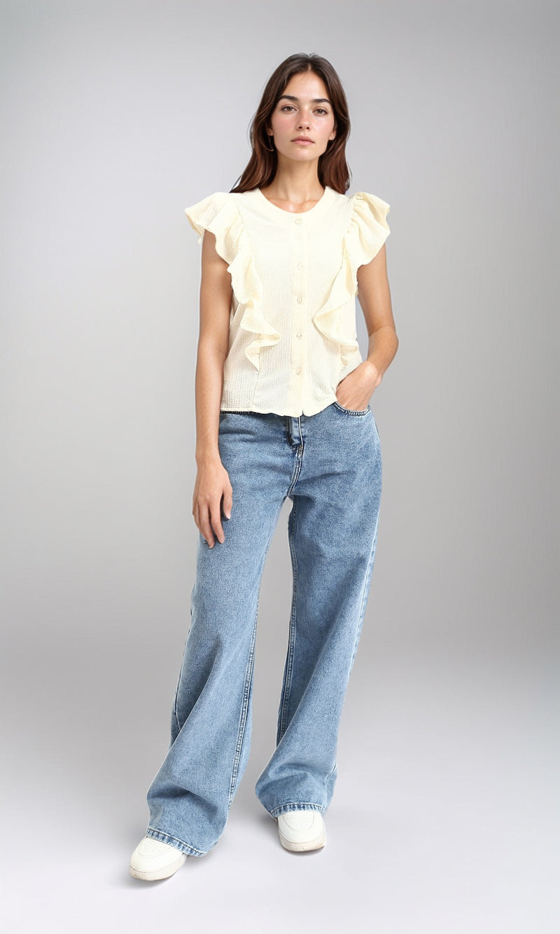 R211302 - Ruffled Sleeveless Buttoned Blouse - Light Yellow
