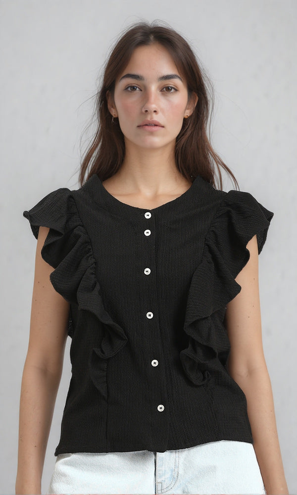 R211303 - Ruffled Sleeveless Buttoned Blouse - Black