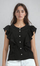 R211303 - Ruffled Sleeveless Buttoned Blouse - Black