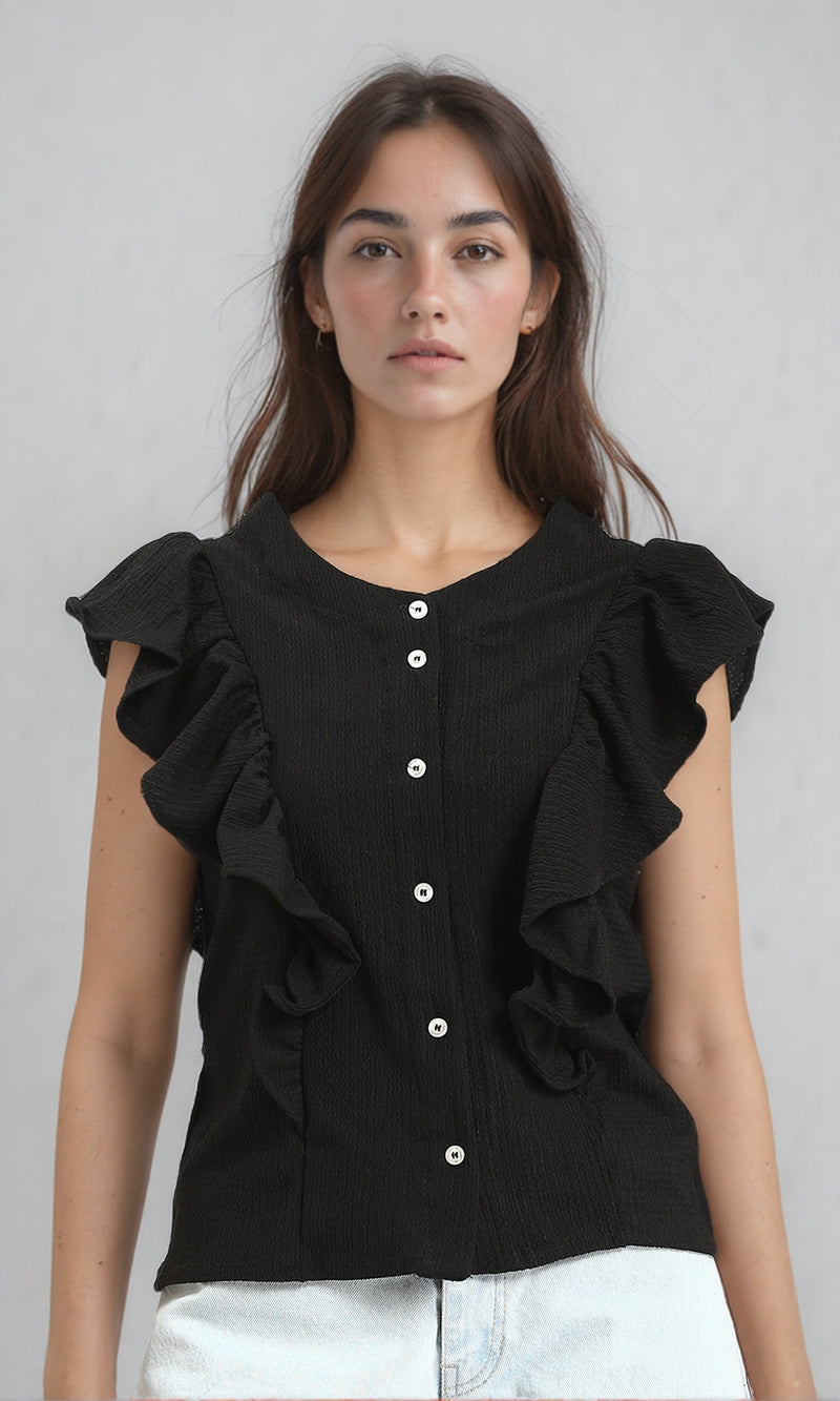 R211303 - Ruffled Sleeveless Buttoned Blouse - Black