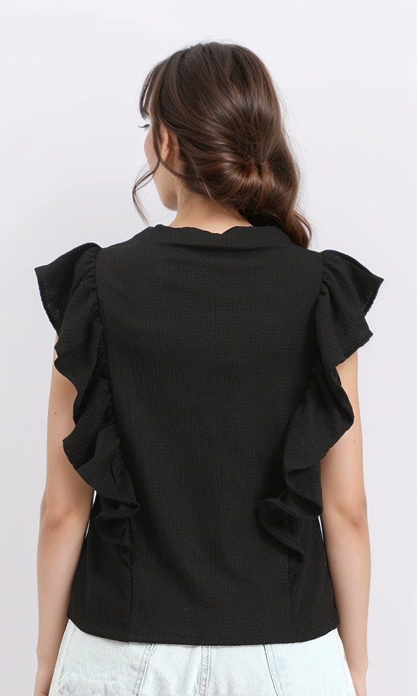 R211303 - Ruffled Sleeveless Buttoned Blouse - Black