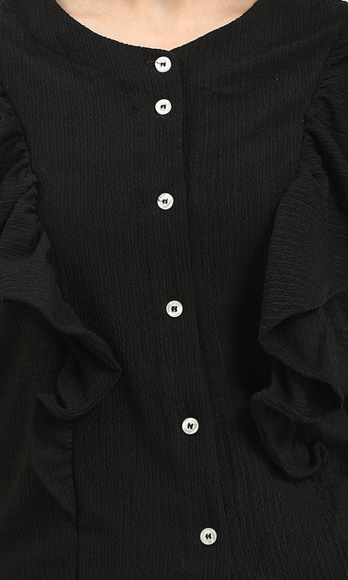R211303 - Ruffled Sleeveless Buttoned Blouse - Black