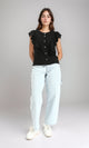 R211303 - Ruffled Sleeveless Buttoned Blouse - Black