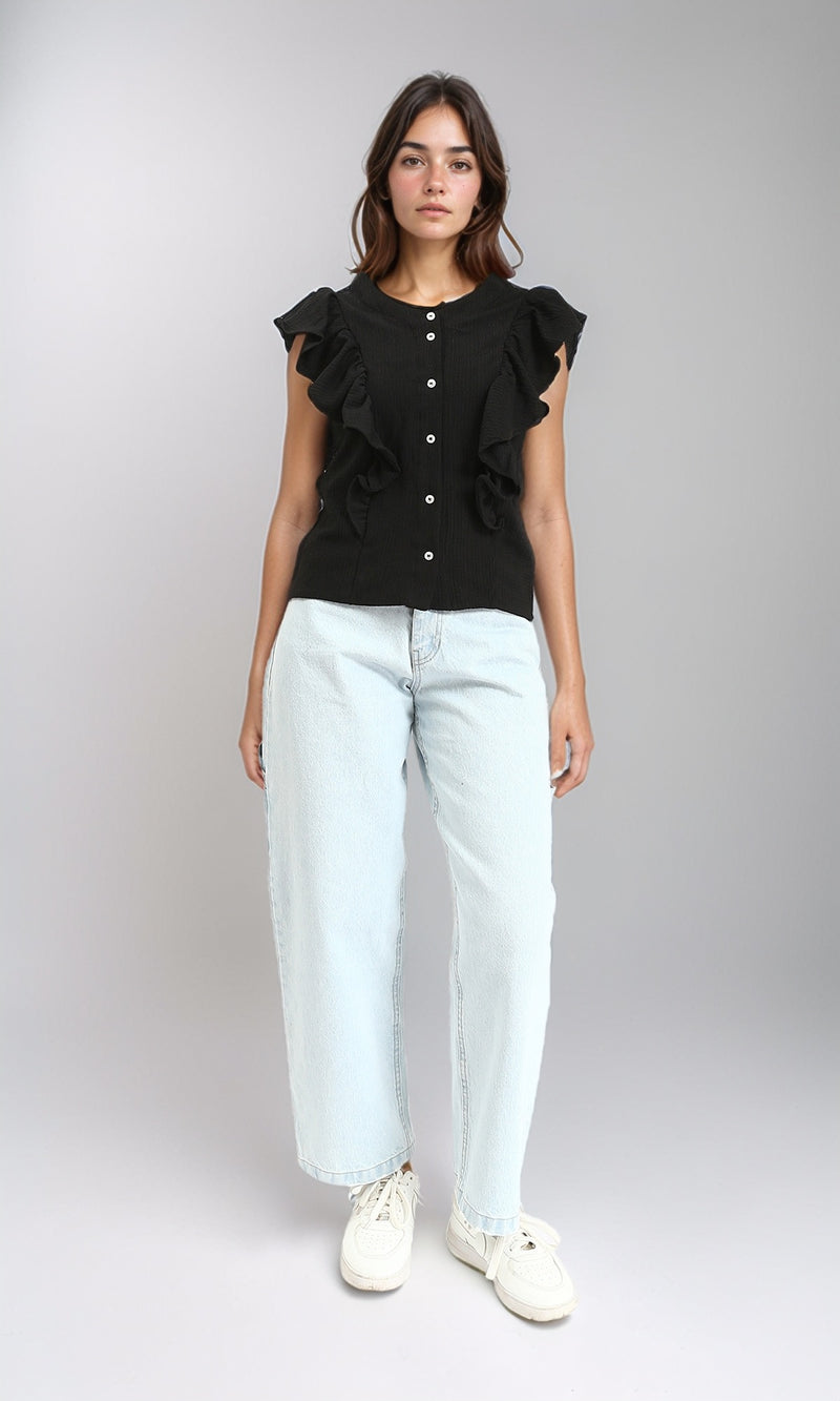 R211303 - Ruffled Sleeveless Buttoned Blouse - Black