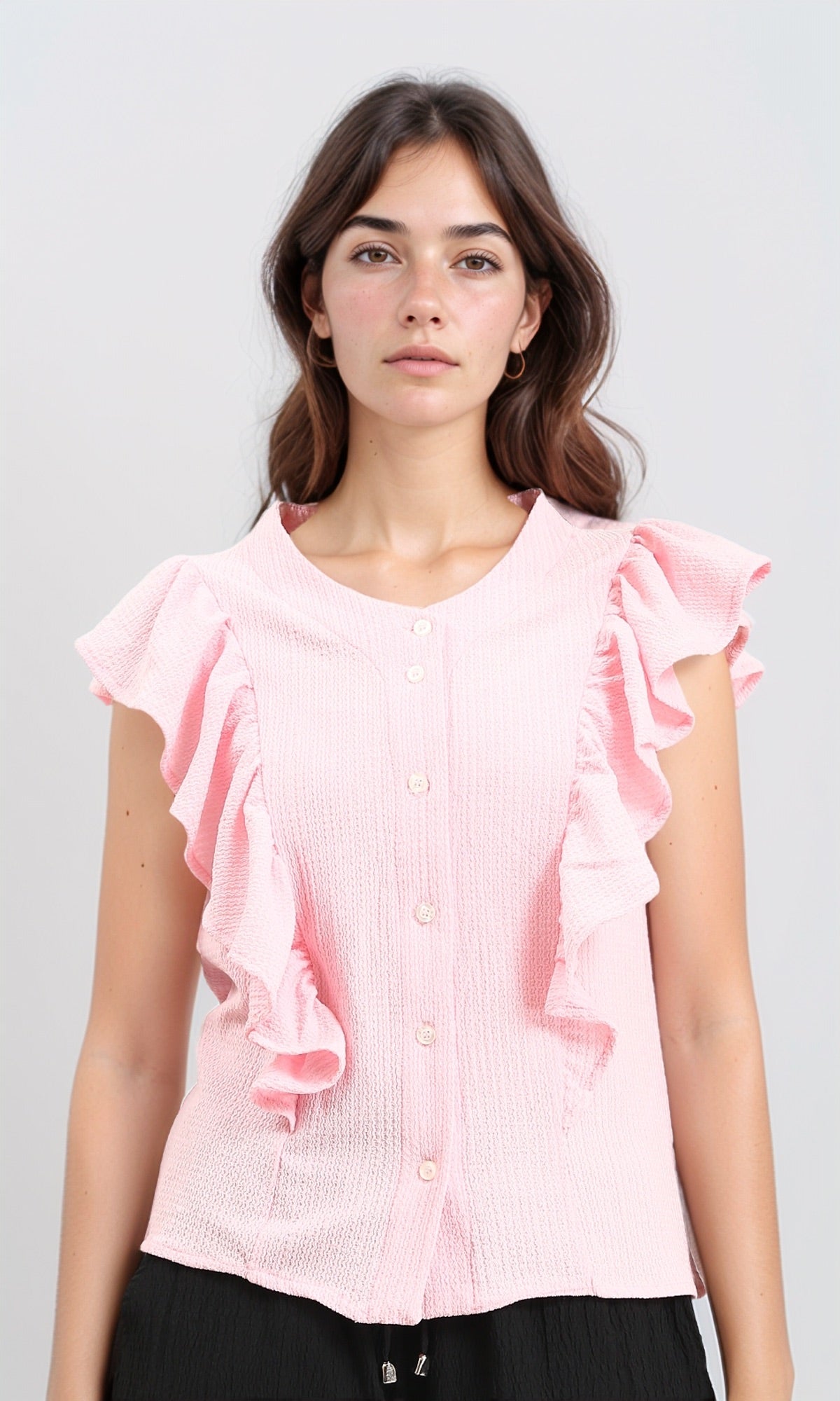 Ruffled Sleeveless Buttoned Blouse - Light Coral