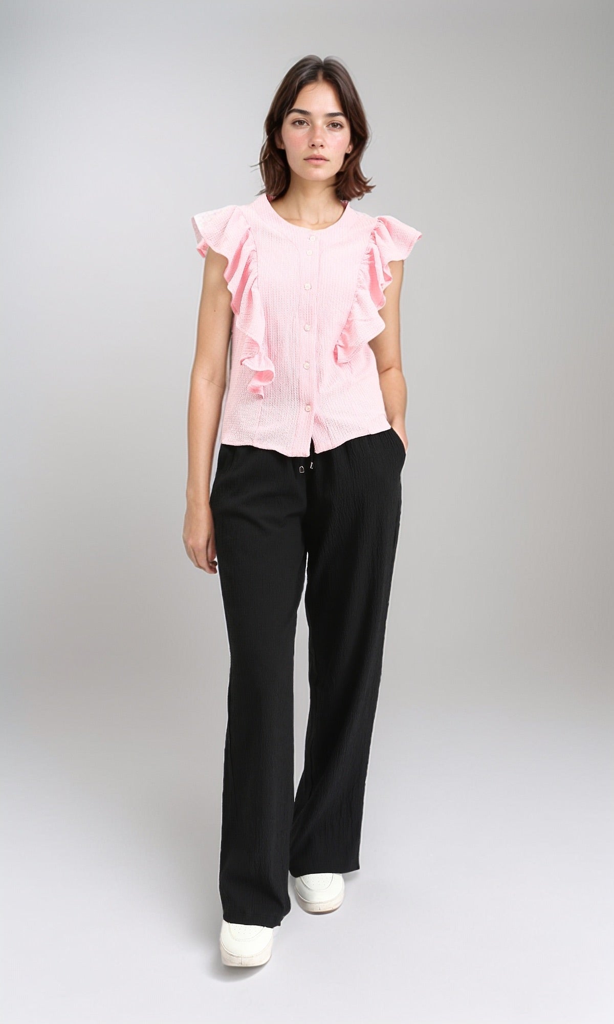 R211304 - Ruffled Sleeveless Buttoned Blouse - Light Coral