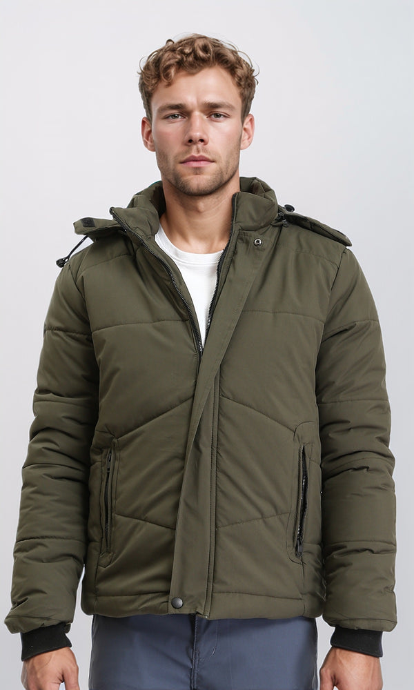 R211346 - Casual Solid Jacket with Zipped Pockets - Dark Khaki