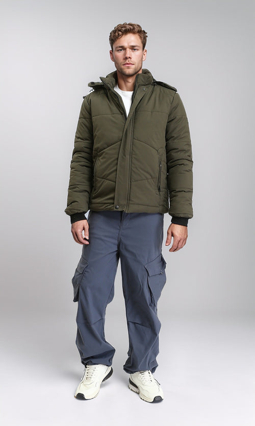 Casual Dark Khaki Waterproof Hooded Jacket - R211346