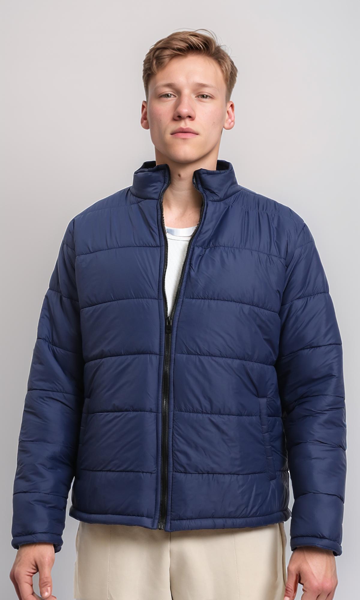 Front Zip-Up Winter Quilted Jacket - Navy Blue
