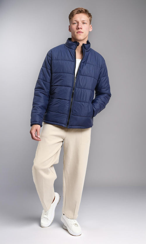 R211349 - Front Zip-Up Winter Quilted Jacket - Navy Blue