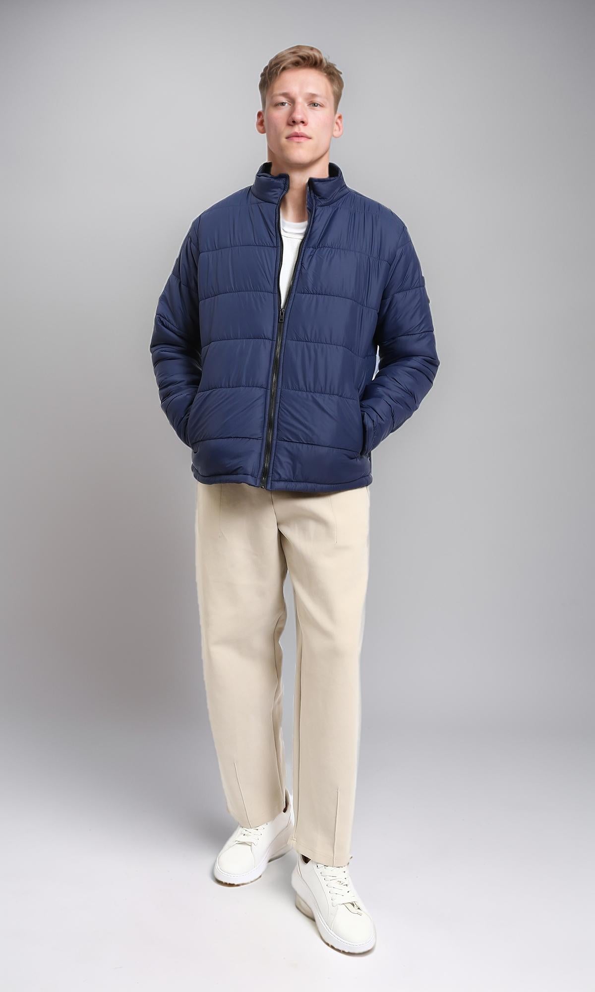 R211349 - Front Zip-Up Winter Quilted Jacket - Navy Blue