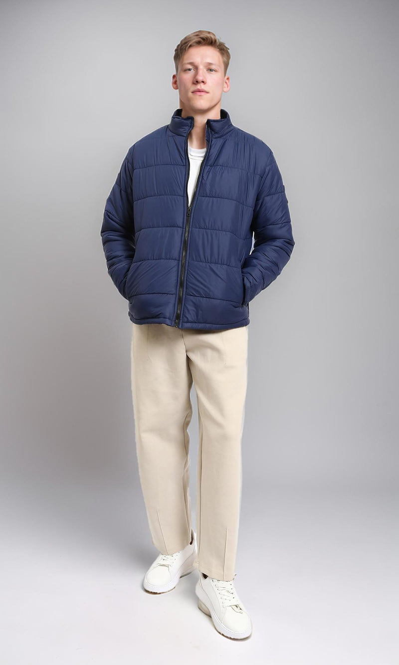R211349 - Front Zip-Up Winter Quilted Jacket - Navy Blue