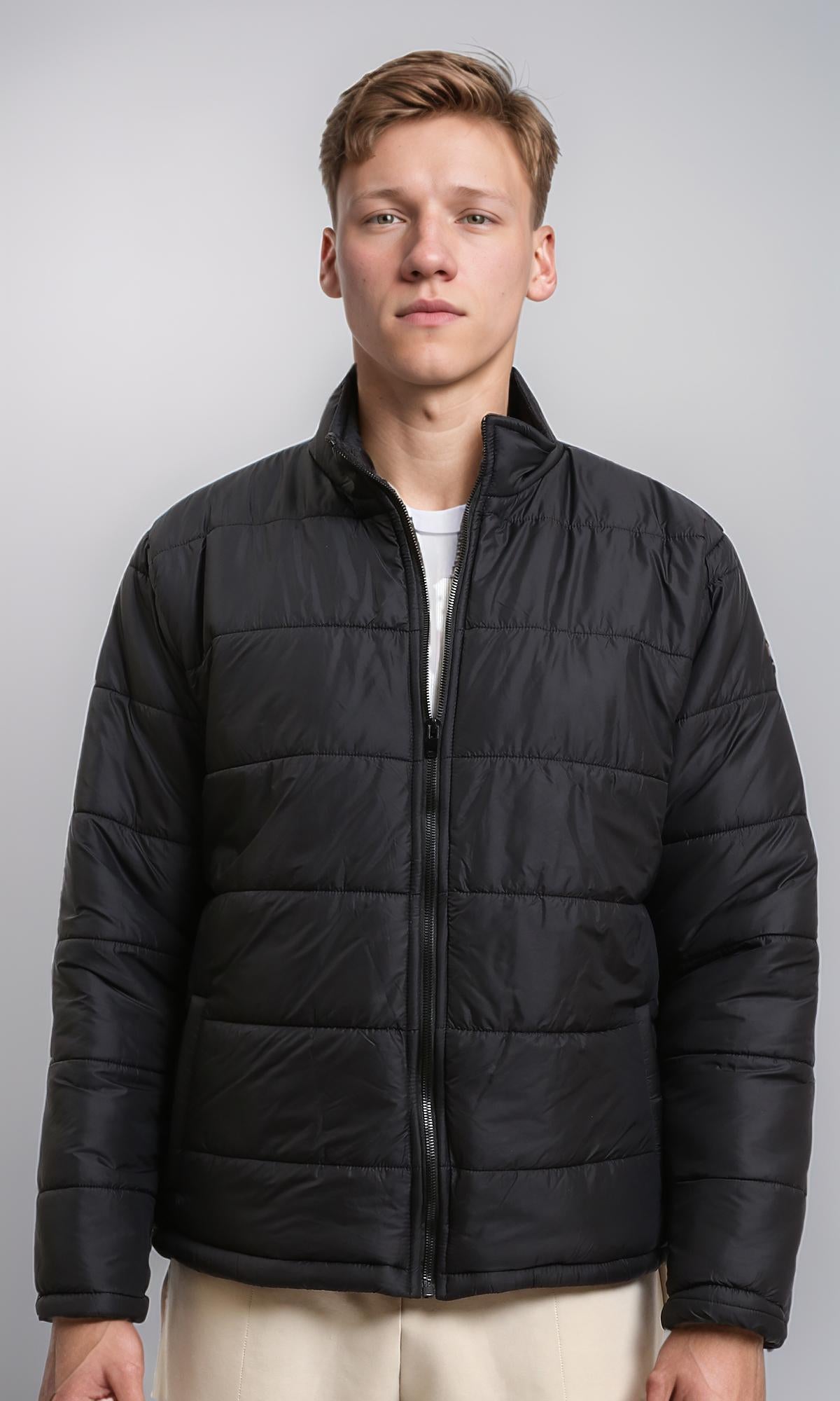 R211350 - Front Zip-Up Winter Quilted Jacket - Black
