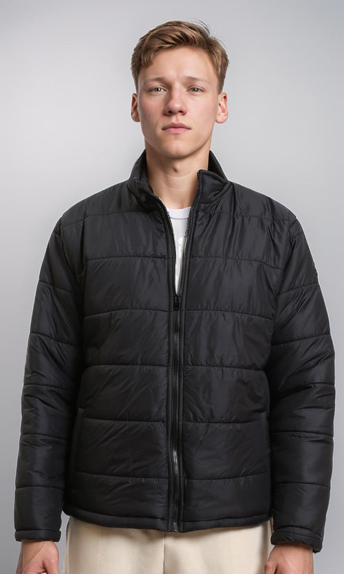R211350 - Front Zip-Up Winter Quilted Jacket - Black