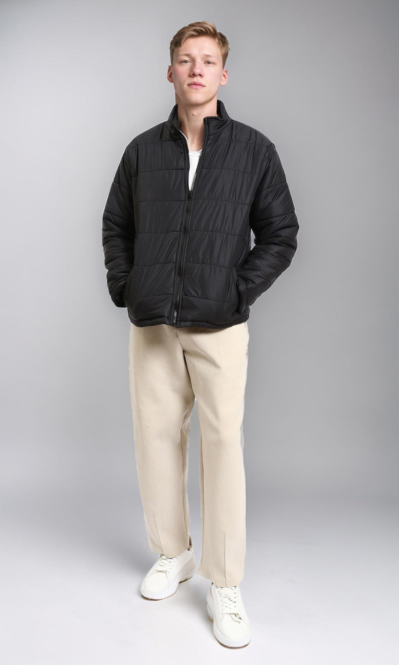 R211350 - Front Zip-Up Winter Quilted Jacket - Black