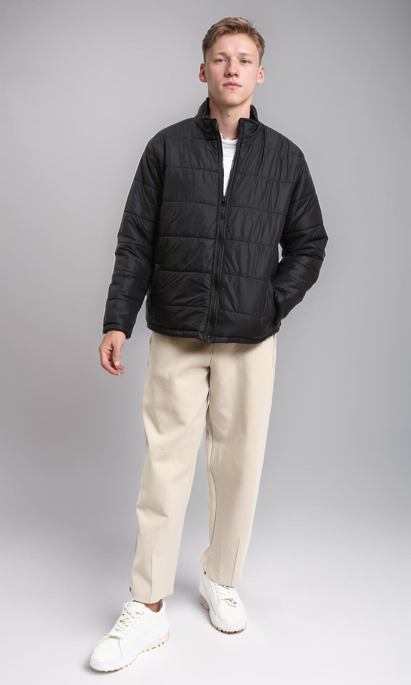 R211350 - Front Zip-Up Winter Quilted Jacket - Black