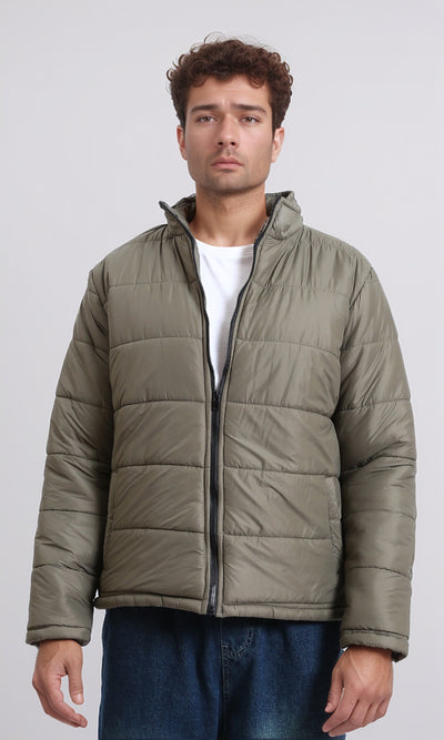 Stand Collar Quilted Bomber Jacket - Light Khaki