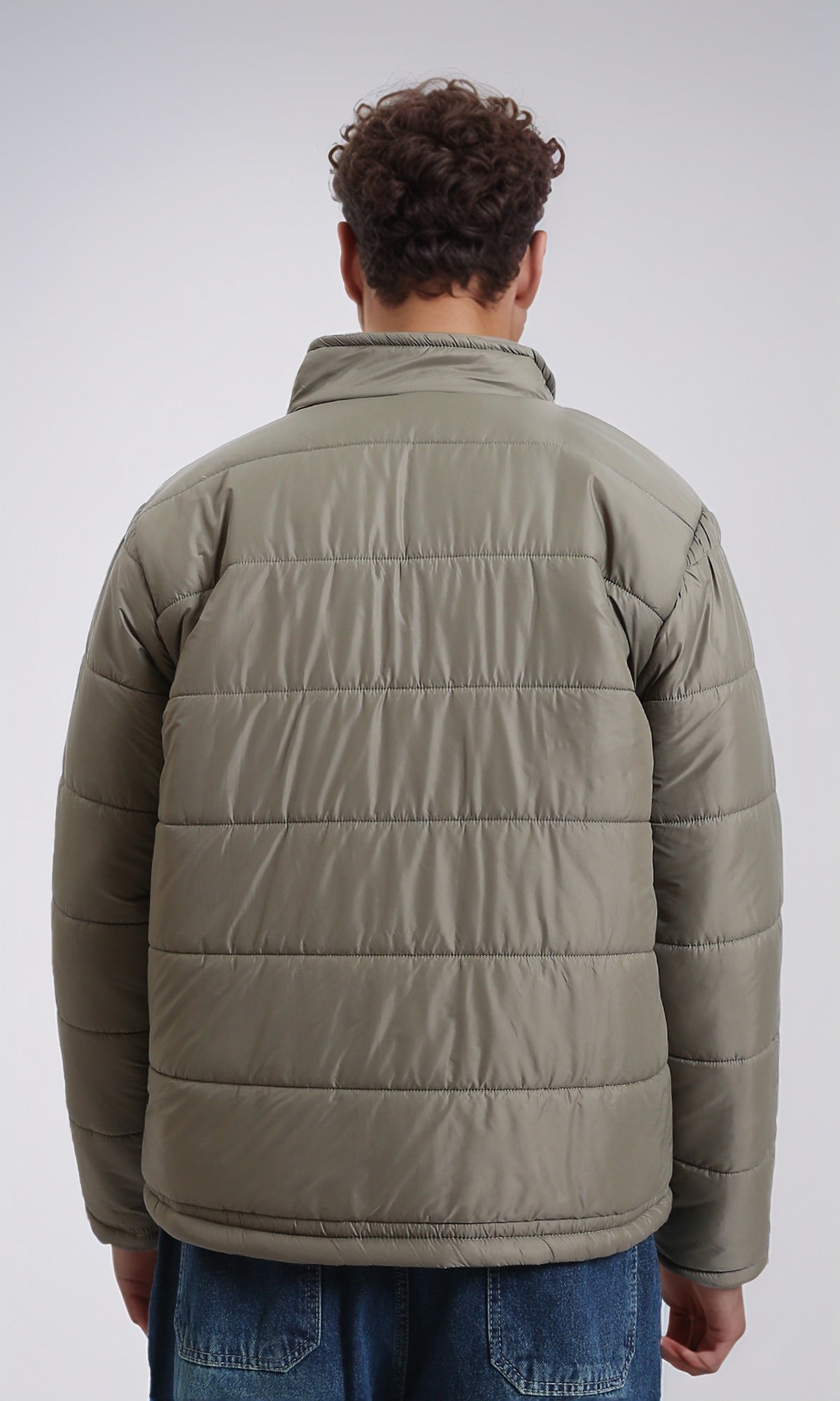 R211351 - Stand Collar Quilted Bomber Jacket - Light Khaki