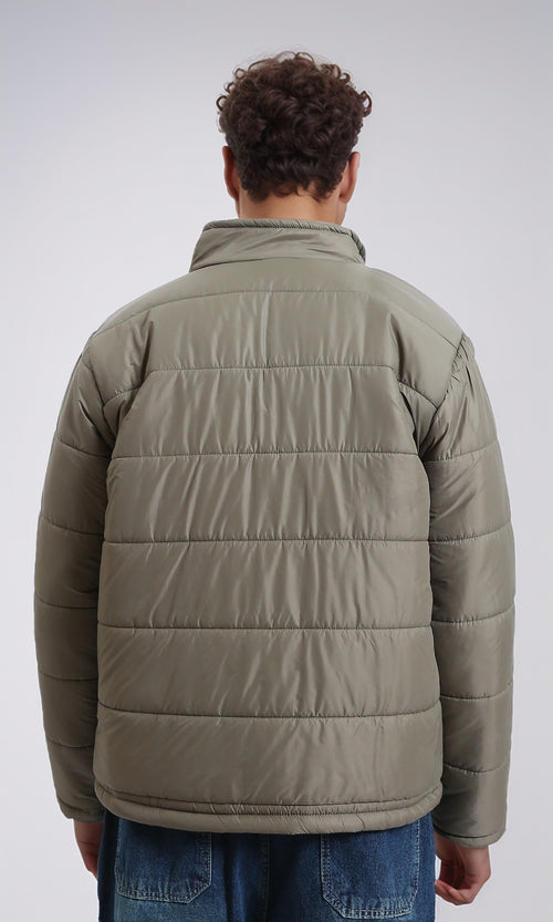 R211351 - Stand Collar Quilted Bomber Jacket - Light Khaki