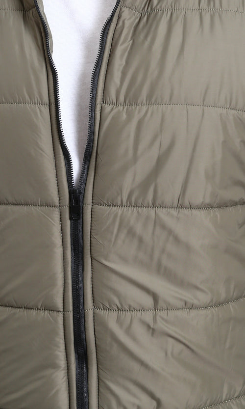 R211351 - Stand Collar Quilted Bomber Jacket - Light Khaki