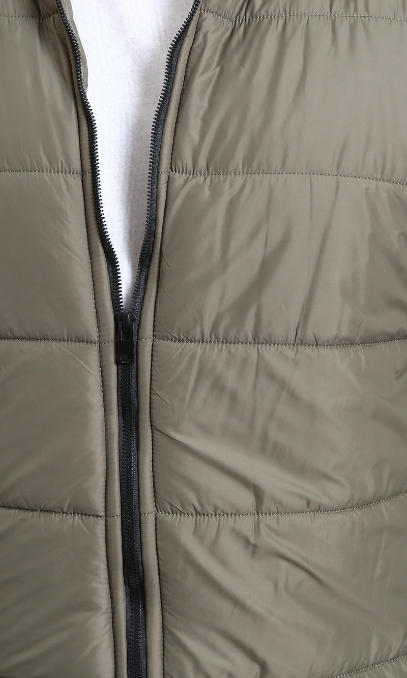 R211351 - Stand Collar Quilted Bomber Jacket - Light Khaki