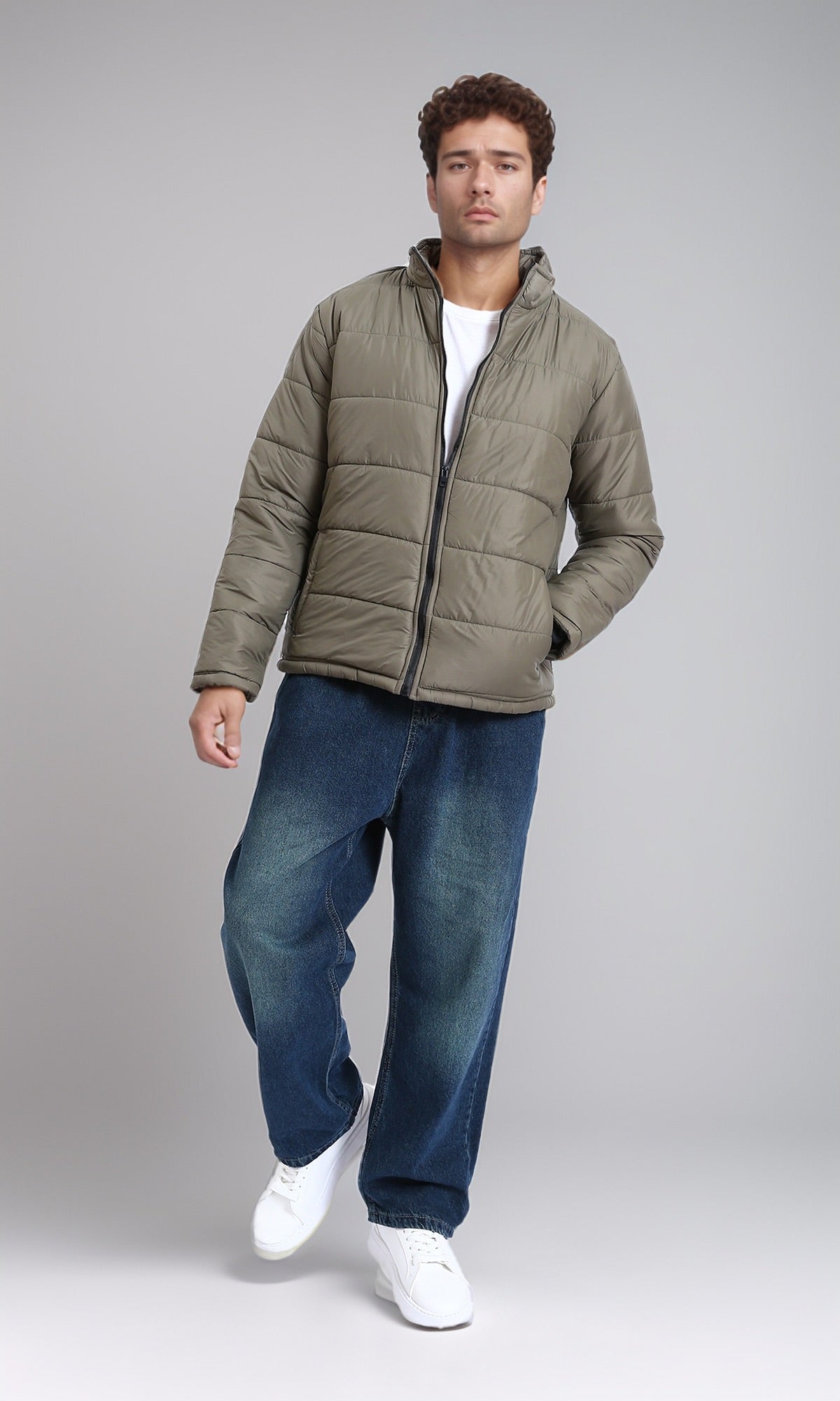 R211351 - Stand Collar Quilted Bomber Jacket - Light Khaki