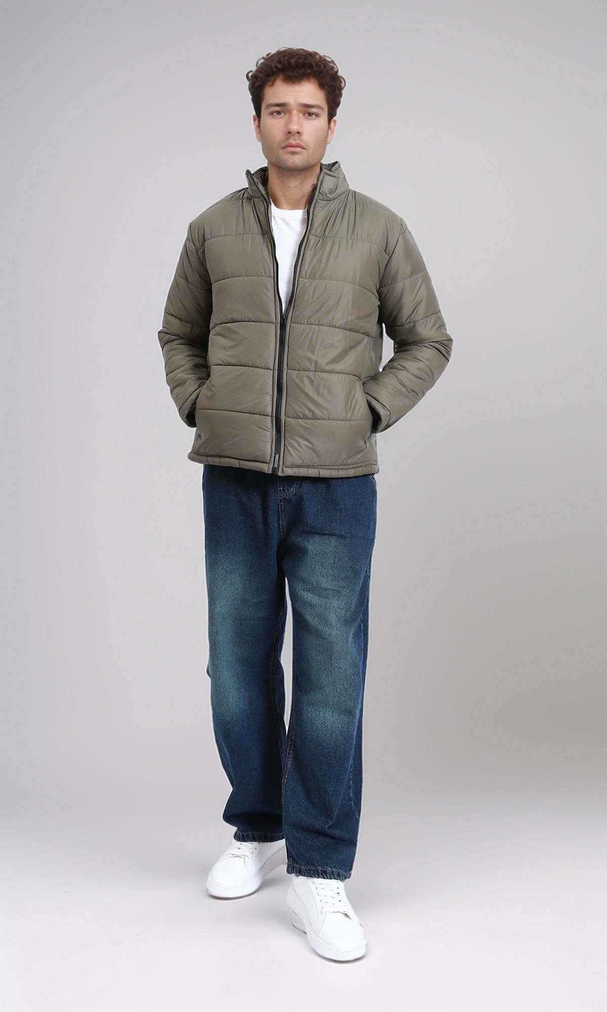 R211351 - Stand Collar Quilted Bomber Jacket - Light Khaki