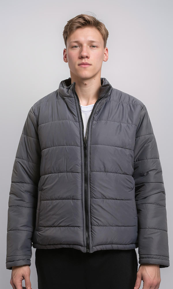 R211352 - Front Zip-Up Winter Quilted Jacket - Dark Grey