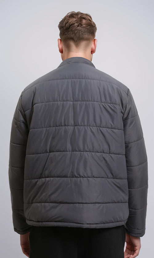 R211352 - Front Zip-Up Winter Quilted Jacket - Dark Grey