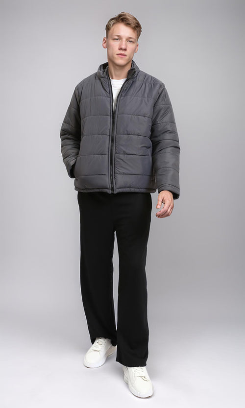 R211352 - Front Zip-Up Winter Quilted Jacket - Dark Grey