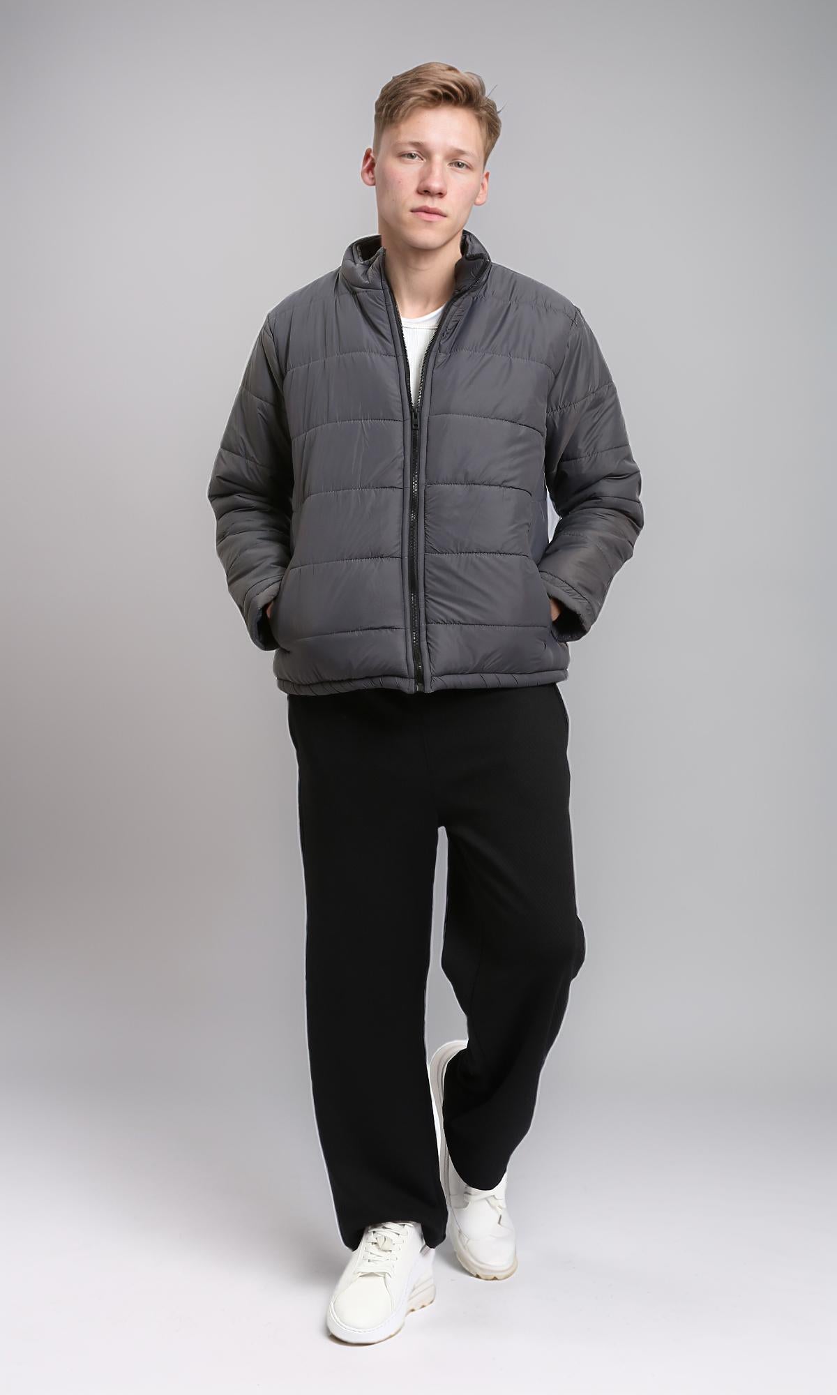R211352 - Front Zip-Up Winter Quilted Jacket - Dark Grey