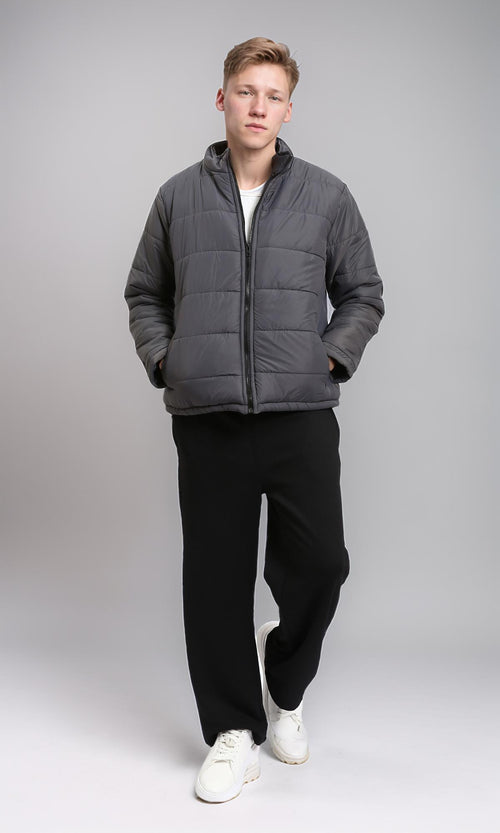 R211352 - Front Zip-Up Winter Quilted Jacket - Dark Grey