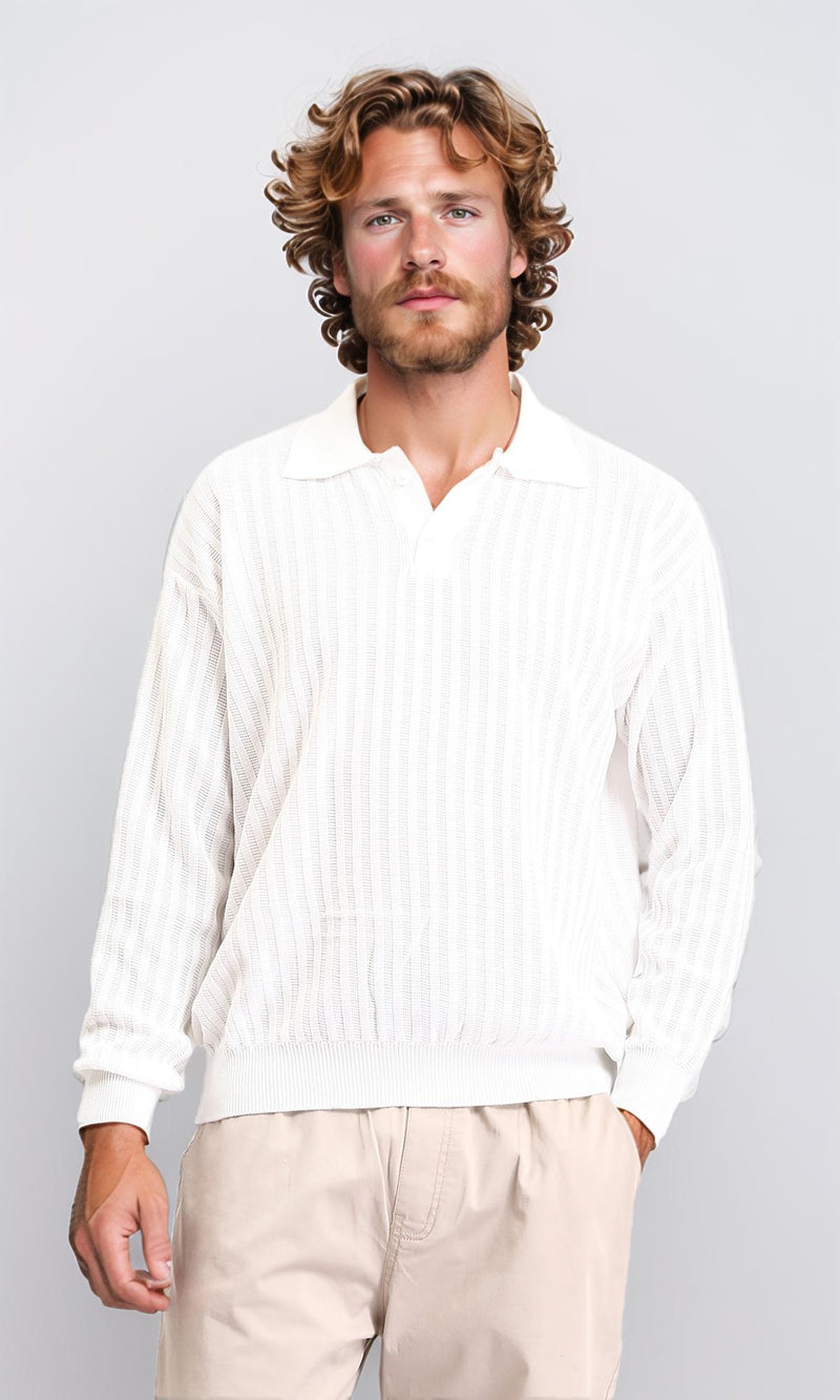 R211360 - Long Sleeves Striped Buttoned Sweater - Off-White